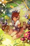  animal animal_on_head bird bird_on_head blue_eyes brown_hair ears flower fox_ears fur_trim grass jewelry kneeling lily_of_the_valley mushroom nature necklace raccoon shade short_hair tiru 