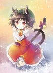  1girl animal_ears bell brown_hair cat_ears cat_tail chen hat multiple_tails red_eyes seal_(pukozin) short_hair skirt smile solo tail touhou 