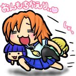  =_= ass barefoot blonde_hair blue_hair blush carrying carrying_under_arm chibi furude_rika heart higurashi_no_naku_koro_ni houjou_satoko kyoke=ka open_mouth orange_hair pantyhose running ryuuguu_rena saliva school_uniform serafuku short_hair simple_background spandex take_it_home 