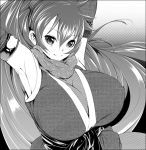 1girl armpits breasts cleavage elbow_gloves fishnets gloves huge_breasts ichimatsu_akebi japanese_clothes long_hair monochrome ninja scarf solo