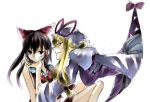  abaraya bad_id bare_shoulders blonde_hair bow brown_hair chin_grab frown gap hair_bow hakurei_reimu hat looking_away mizutsuki multiple_girls red_eyes smirk touhou yakumo_yukari 