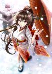  1girl brown_hair flower hair_flower hair_ornament japanese_clothes kantai_collection kimono long_hair looking_at_viewer noritama_(gozen) oriental_umbrella personification ponytail red_eyes smile snowing solo umbrella very_long_hair yamato_(kantai_collection) 