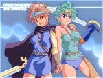  blue_eyes breasts brown_eyes brown_hair cape circlet dc dragon_quest dragon_quest_iii dragon_quest_iv gloves green_hair hand_holding heroine_(dq4) holding_hands midriff multiple_girls roto sword weapon 