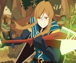  brown_hair glasses gloves jade_curtiss long_hair male polearm red_eyes sentarou_(1000bon) smile spear tales_of_(series) tales_of_the_abyss weapon 