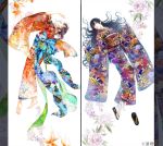  2girls black_hair fish flower highres japanese_clothes kimono multiple_girls sandals tetsu420 