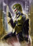  blood breasts cityscape cleavage dc_comics earrings formal genderswap glasgow_smile gloves green_hair jewelry jw knife messy_hair necktie suit the_dark_knight the_joker 