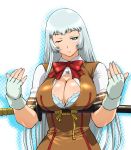  aqua_hair bra breasts chouun_shiryuu cleavage cleavage_cutout fingerless_gloves gloves ikkitousen large_breasts lingerie long_hair sheath sheathed solo sword ueyama_michirou underwear weapon white_hair wink 