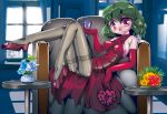  blush breasts couch cupping_glass dress elbow_gloves erect_nipples flower gloves green_hair impossible_clothes impossible_dress kazami_yuuka legs panties panties_under_pantyhose pantyhose reclining red_eyes short_hair smile sukiyo touhou underwear 