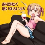  barefoot belt brown_eyes brown_hair camisole child cup cupping_glass feet glass hair_ribbon kurabayashi_aya marui_mitsuba mitsudo_moe mitsudomoe plaid ribbon short_hair short_twintails skirt snifter tank_top tartan thighs translated twintails wine_glass 