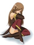  blue_eyes boots brown_hair detached_sleeves dress hair_over_one_eye long_hair morimorigenki sitting tales_of_(series) tales_of_the_abyss tear_grants thighhighs 