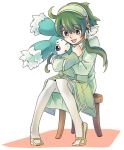  1boy blue_eyes creature green_eyes green_hair hair_tubes hug ion male mieu pantyhose smile tales_of_(series) tales_of_the_abyss white_background white_legwear wink 