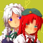  blue_eyes blush braid gatimuchihonpo hairband hat hong_meiling izayoi_sakuya lowres maid red_hair redhead ribbon silver_hair touhou twin_braids 