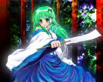 bakufu fuu_(futian) green_hair japanese_clothes kochiya_sanae long_hair long_skirt skirt snake touhou tree yellow_eyes