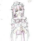  bust h-new hat japanese_clothes kimono large_breasts monochrome neck_ribbon open_mouth production_art ribbon saigyouji_yuyuko short_hair sketch smile steepled_fingers touhou traditional_media wide_sleeves 
