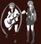  boots guitar hatsune_miku headset instrument kneehighs long_hair megurine_luka monochrome school_uniform socks twintails very_long_hair vocaloid yada_ei 