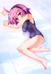  barefoot feet hairband kinakomochi lying one-piece_swimsuit pink_hair purple_eyes school_swimsuit short_hair swimsuit violet_eyes 