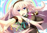  blue_eyes breasts double_lariat_(vocaloid) headband headphones impossible_clothes impossible_shirt large_breasts long_hair megurine_luka peach-tea pink_hair rainbow shirt singing vocaloid 