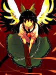  arm_cannon black_hair black_legwear blouse bow hair_bow kfc kneehighs long_hair red_background red_eyes reiuji_utsuho simple_background skirt smile solo third_eye touhou weapon wings yuu_(kfc) 