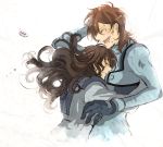  1girl bad_id black_hair bodysuit brown_hair closed_eyes couple gori_matsu gundam gundam_00 hug kati_mannequin long_hair patrick_colasour smile tears 