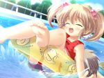  brown_hair child closed_eyes dutch_angle feet hair_bobbles hair_ornament happy innertube musumaker open_mouth short_hair smile swimsuit tankini twintails 