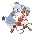  animal_ears blue_dress blue_eyes blue_hair bow brown_hair cat_ears cat_tail chen cirno dress hair_bow hat highres machily miko_machi multiple_girls multiple_tails outstretched_arms paw_pose purple_eyes short_hair simple_background spread_arms tail touhou wink 