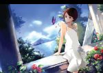  butterfly cityscape cloud clouds dress flower leaf leaves plant short_hair sitting sky tiru water white_dress yellow_eyes 