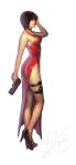  black_hair chinadress dress from_behind gun high_heels legs red_dress resident_evil resident_evil_4 shoes short_hair side_slit solo standing thigh_strap weapon 