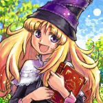  1girl blonde_hair book grimgrimoire hat lillet_blan lowres open_mouth purple_eyes sky smile solo witch witch_hat 