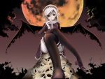  clouds crossed_legs garters gothic mogmog moon night shoes silver_hair sitting skull sky thigh-highs thighhighs wings 