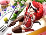  black_eyes black_hair cake food fork fruit hat high_heels highres metafalica one_shoe pastry santa_hat shoes single_shoe strawberry tail thigh-highs thighhighs 