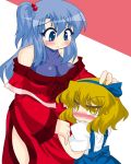  2girls alice_margatroid alice_margatroid_(pc-98) bare_shoulders blonde_hair blue_eyes blue_hair blush chyaramu long_hair mother_and_daughter multiple_girls shinki short_hair smile touhou touhou_(pc-98) yellow_eyes 