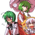  androgynous antenna antennae ascot blue_eyes blush fujiwara_no_mokou green_hair imagining kazami_yuuka lowres red_eyes reverse_trap rex rex_k short_hair simple_background skirt skirt_set touhou umbrella vest white_background wriggle_nightbug 