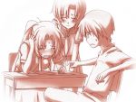  higurashi_no_naku_koro_ni maebara_keiichi monochrome notebook pen pink ryuuguu_rena school_uniform serafuku sonozaki_mion 