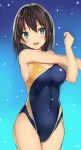  1girl black_hair black_swimsuit blue_background blue_eyes breasts competition_swimsuit covered_navel cowboy_shot gradient gradient_background kureha_(ironika) looking_at_viewer medium_breasts one-piece_swimsuit original solo standing stretch swimsuit 