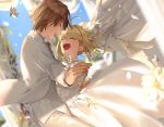  1boy 1girl blonde_hair blush bridal_veil bride closed_eyes dress fate/extra fate_(series) gloves hand_holding hino_hinako husband_and_wife kishinami_hakuno_(male) nero_claudius_(fate) nero_claudius_(fate)_(all) tuxedo veil wedding wedding_dress white_dress white_gloves 