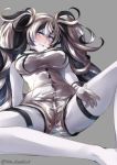  1girl black_hair blush breasts escort_water_hime gloves grey_background grey_gloves grey_hair juurouta kantai_collection large_breasts long_hair looking_at_viewer multicolored_hair shirt shorts simple_background solo twintails violet_eyes white_hair 