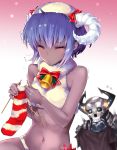  1girl bare_shoulders bell black_nails blush breasts christmas closed_eyes fate/grand_order fate_(series) hassan_of_serenity_(fate) hat highres horns king_hassan_(fate/grand_order) knitting merry_sheep nail_polish navel purple_hair short_hair small_breasts utayoi_(umakatare) 