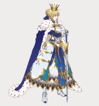  1girl armor armored_dress artoria_pendragon_(all) bangs blonde_hair cape commentary_request crossed_arms ears_visible_through_hair eyebrows_visible_through_hair facing_to_the_side fate/grand_order fate_(series) greaves green_eyes grey_background hair_between_eyes hands_on_hilt highres multicolored multicolored_cape multicolored_clothes multicolored_footwear saber simple_background solo sword tenobe weapon white_background 