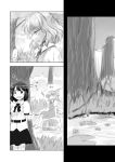  2girls bow cirno comic forest graphite_(medium) grass greyscale hiding highres lily_pad monochrome multiple_girls nature sad shameimaru_aya short_sleeves sitting sitting_on_rock touhou traditional_media translation_request tree wings yrjxp065 