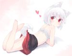  1girl animal_ears ass bare_shoulders barefoot black_skirt eyebrows_visible_through_hair gradient gradient_background heart highres inubashiri_momiji kibisake looking_at_viewer lying miniskirt on_stomach pink_background red_eyes sarashi skirt solo tail the_pose thick_eyebrows touhou white_background white_hair wolf_ears wolf_tail younger 