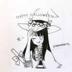  artist_name cherry commentary creamsherry english english_commentary food fruit greyscale halloween happy_halloween hat heart highres long_hair monochrome one_eye_closed original simple_background smile tongue tongue_out uncolored white_background witch_hat 