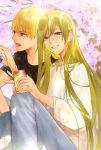  2boys absurdres androgynous black_shirt blonde_hair blue_pants can cherry_blossoms commentary_request dated drinking enkidu_(fate/strange_fake) eyebrows_visible_through_hair fate/grand_order fate/strange_fake fate_(series) gilgamesh green_eyes green_hair highres hutagi_rouka long_hair looking_afar looking_at_viewer multiple_boys open_mouth pants petals red_eyes shirt short_hair sitting smile teeth tree tsurime v very_long_hair white_shirt 