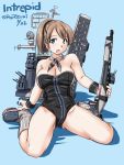  1girl :o arm_support artist_name bangs bare_arms bare_shoulders black_leotard blue_background blue_eyes blush breasts brown_hair character_name cleavage dated detached_collar eyebrows_visible_through_hair flight_deck full_body gluteal_fold grey_footwear gun holding holding_gun holding_weapon intrepid_(kantai_collection) kantai_collection kneeling large_breasts leaning_back leotard looking_at_viewer open_mouth ponytail rigging shadow shiny shiny_skin short_hair simple_background sitting solo strapless strapless_leotard tatsumi_rei thighs turret twitter_username wariza weapon wrist_cuffs 