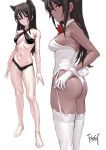  1girl animal_ears artist_name ass bare_arms bare_shoulders barefoot bikini black_bikini black_hair blush bow breasts bunny_tail bunnysuit cat_ears commentary_request criss-cross_halter expressionless fake_tail feet_out_of_frame fkey full_body garter_straps halterneck head_tilt highres looking_at_viewer medium_breasts multiple_views navel neck_bow original red_bow red_eyes red_neckwear sidelocks simple_background standing swimsuit tail thigh-highs white_background white_legwear 