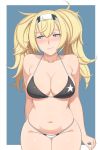  1girl alternate_costume bangs bare_shoulders bikini black_bikini_top blonde_hair blue_eyes blush breasts cleavage closed_mouth collarbone gambier_bay_(kantai_collection) hair_between_eyes hairband halter_top halterneck highres kantai_collection large_breasts lips long_hair looking_away lvl_(sentrythe2310) navel simple_background skindentation solo star swimsuit twintails white_bikini_bottom 