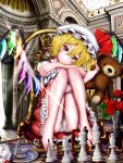  1girl bare_arms bare_legs barefoot blonde_hair chair chess_piece chessboard closed_mouth crystal cup flandre_scarlet flower frilled_skirt frilled_sleeves frills full_body hand_on_own_arm hands_up hat hat_ribbon head_rest head_tilt highres holding indoors knees_up leg_hug long_hair mob_cap panties pantyshot pantyshot_(sitting) puffy_short_sleeves puffy_sleeves red_eyes red_flower red_ribbon red_rose red_skirt red_vest redoredo_(godprogress) ribbon rose short_sleeves side_ponytail sitting skirt skirt_set smile solo stuffed_animal stuffed_toy teacup teapot teddy_bear toes touhou underwear vest white_panties wings 