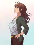  1girl akizuki_ritsuko antenna_hair belt blouse brown_eyes brown_hair chiaki_rakutarou fashion glasses hand_on_hip highres idolmaster jacket long_hair open_clothes open_jacket pants rectangular_eyewear solo watch watch 