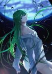  absurdres androgynous bangs bare_shoulders enkidu_(fate/strange_fake) eyebrows_visible_through_hair fate/grand_order fate/strange_fake fate_(series) fluid green_eyes green_hair head_back highres long_hair long_sleeves looking_at_viewer medical no_pants partially_opened_mouth rrr_(reason) shirt unbuttoned unbuttoned_shirt very_long_hair white_shirt 