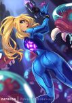  1girl alien ass blonde_hair blue_bodysuit blue_eyes bodysuit breasts eyelashes eyeshadow from_behind gun handgun helixel high_ponytail highres lips long_hair looking_back makeup metroid metroid_(creature) open_mouth patreon_username pistol samus_aran skin_tight solo_focus weapon zero_suit 