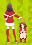  2girls antlers black_hair blush_stickers boots brown_eyes brown_hair capelet christmas dress eupho-kun fake_antlers fur_trim hibike!_euphonium highres holding_object knee_boots komugiko long_hair multiple_girls oumae_kumiko reindeer_antlers santa_costume short_hair squatting tanaka_asuka thigh-highs thigh_boots touching wavy_hair 